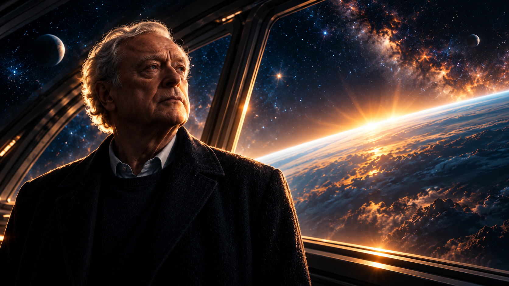 Text-free cinematic artwork of an elderly scientist looking toward a luminous planet from a spacecraft observation window